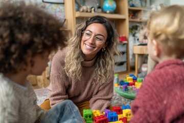 Joyful preschool teacher engages with children during playtime in a colorful, nurturing classroom setting focused on learning and creativity