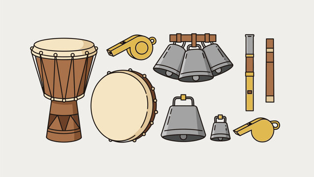 A clean flat design vector illustration showcasing a collection of essential Junkanoo instruments, including a goatskin drum, cowbells, and a whistle. 