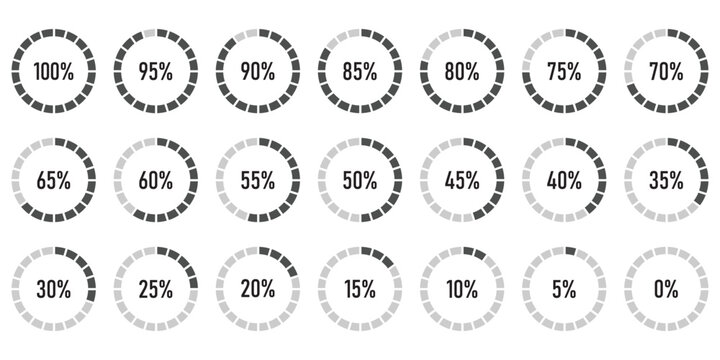 Percentage infographics flat elements. Round diagrams icons for infographics from 0 to 100 percent. Circle graph loading progress templates. Green, grey color fill divided pie charts indicators