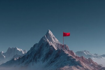 Majestic mountain landscape features a vibrant red flag fluttering against a clear blue sky at sunrise in a remote, rugged terrain