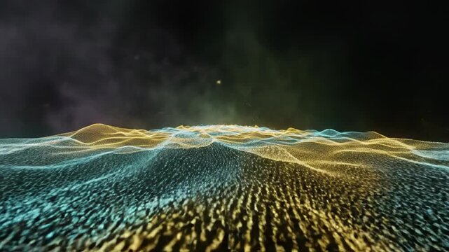 Smooth cinematic shot of glowing yellow and cyan bioluminescent particles flowing like ocean waves across a deep, misty abyss underwater, background, particles