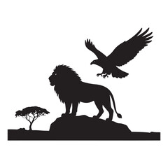 Majestic Lion on Rock with Eagle Flying Silhouette On White Background.