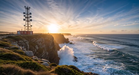 Telecommunications tower on a rocky cliff overlooking the ocean at sunset. 5G and 6G wireless network antenna infrastructure. Global connectivity concept