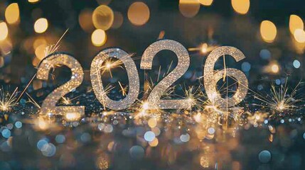 Modern New Year's Scene Featuring the Year 2026 in Sleek Futuristic Font, Set Against a Backdrop of Glittering Urban Lights and a Pristine Night Sky, Providing a Spacious Canvas for Brand Logo Integra