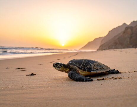 Turtle crawling towards ocean on beach at sunrise with golden sky - Powered by Adobe