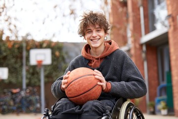 Smiling teenager in wheelchair enjoys basketball in outdoor court at sunny day with friends nearby