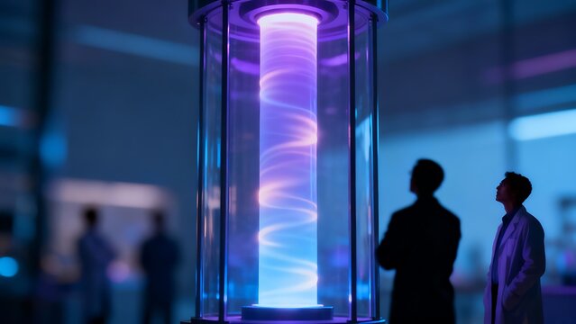 Generative AI researchers observe swirling plasma in a futuristic lab.