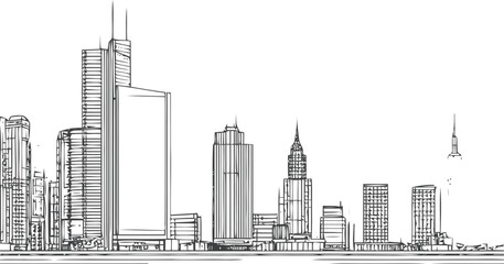 Naklejka premium Monochrome Hand-Drawn Architectural Skyline of City Buildings and Towers Depicts Urban Landscape