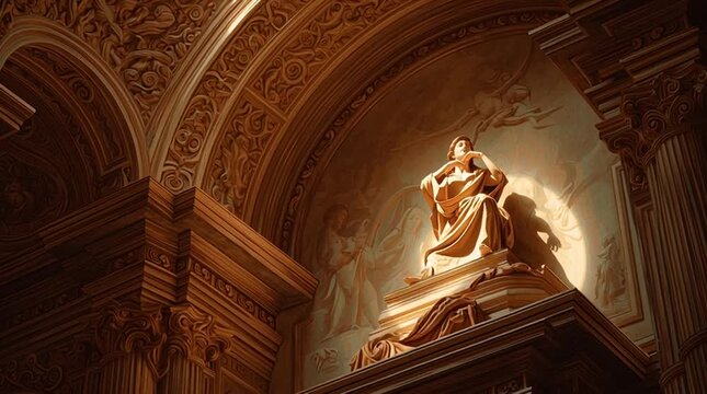 Classical religious art style with warm ochre tones, soft, heavenly light illuminating the scene, evoking reverence, serenity, and sacred atmosphere.