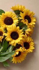 Fototapeta premium A bouquet of yellow sunflowers is arranged in a vase