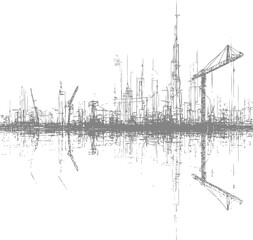 Obraz premium Abstract cityscape illustration with crane construction reflecting in water creating a modern