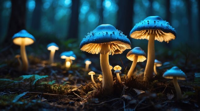 Magical glowing mushrooms illuminate a dark enchanted forest at night