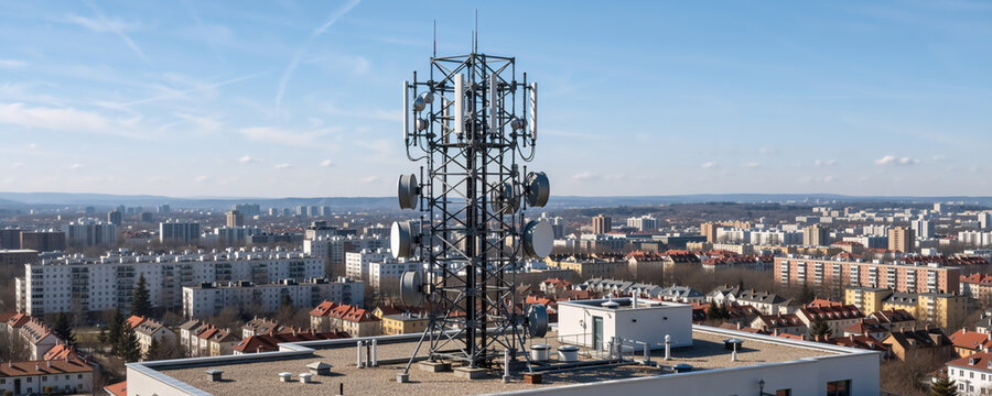Telecommunication tower with antennas on a rooftop. 5G and 6G cellular network infrastructure in an urban city. Wireless mobile technology concept