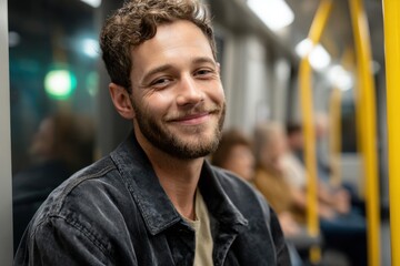 Obraz premium Portrait of a smiling man sitting comfortably on a subway train enjoying his journey during the day