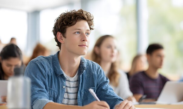 19-year-old American college students listening to a professor in a bright university classroom, large windows letting in natural sunlight
