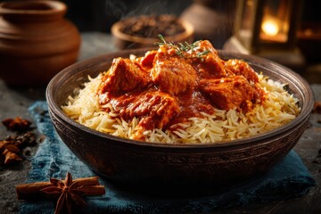 Mouthwatering chicken curry served over fragrant basmati rice in a cozy dining setting with warm lighting and spices