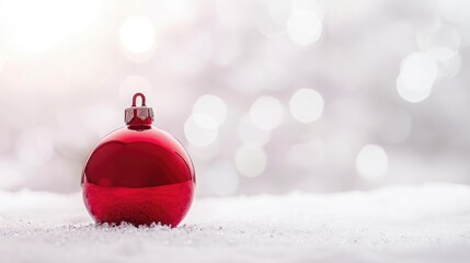 Minimalist Christmas Composition with Red Ornament on White Snowy Backdrop, Emphasizing Simplicity and Elegance for Brand Logo Integration in Poster Design