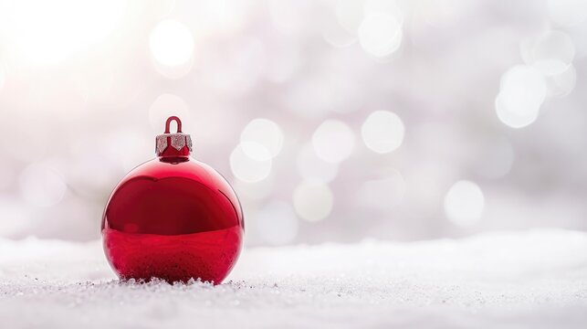 Minimalist Christmas Composition with Red Ornament on White Snowy Backdrop, Emphasizing Simplicity and Elegance for Brand Logo Integration in Poster Design