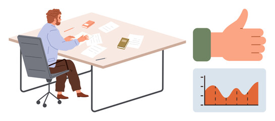 Businessman reviews documents at a desk with a graph indicating performance trends and a thumbs-up indicating approval. Ideal for analytics, decision-making, productivity, performance review