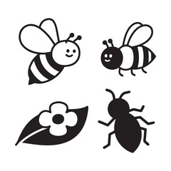  Silhouette Bees and Flowers Illustration Set for Honey and Pollination.