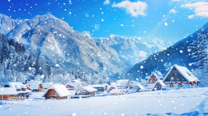 Tranquil Winter Village Scene with Snow-Covered Houses, Festive Decorations, and Gentle Snowfall Under a Clear Blue Sky, Perfect for a Christmas Travel Poster