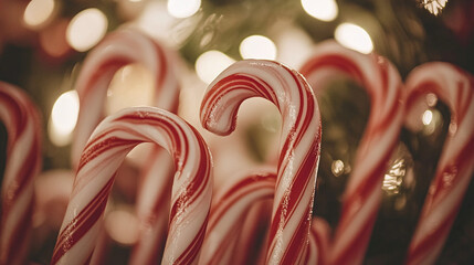 Sweet Christmas A Festive Close-Up of Candy Canes with Bokeh Lights, Holiday Cheer