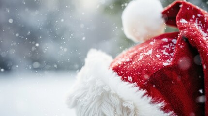 Classic Red and White Santa Hat with White Fur Trim and Pom-Pom, Framed by a Soft, Blurred Winter Landscape for a Festive and Timeless Holiday Charm