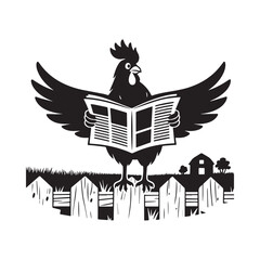 Naklejka premium Smart Rooster Sitting on Fence Reading Newspaper in Farm Morning Scene.
