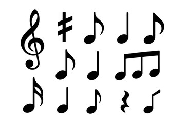 Music symbols: various musical notes and clef on white background.