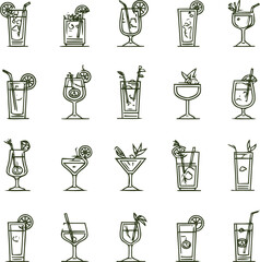 Collection of minimalist cocktail illustrations for beverage and celebration themes
