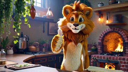 Un león antropomórfico con un delantal, levantando el pulgar hacia arriba en una cocina rústica.