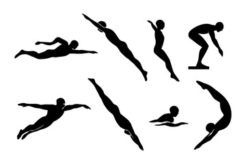 Silhouette collection of swimmers in various diving and swimming poses.
