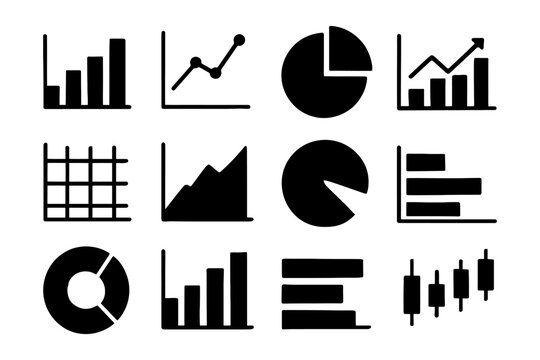 Collection of black silhouette business graphs and charts on white background.