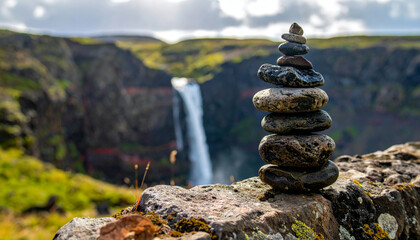 Stacked stone balanced on rock with waterfall and green landscape in background under cloudy sky