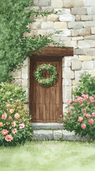 Naklejka premium Charming Wooden Door Surrounded by Vibrant Flowers and Lush Greenery: A Peaceful Garden Retreat Full of Rustic Elegance and Natural Beauty