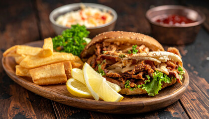 Crispy fried chicken sandwich with fresh lettuce and lemon slices served with golden fries and dipping sauces on wooden plate