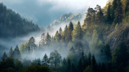 Morning mist rising through dense mountain forests with sunlight filtering between tall pine trees, creating a serene and mystical alpine landscape