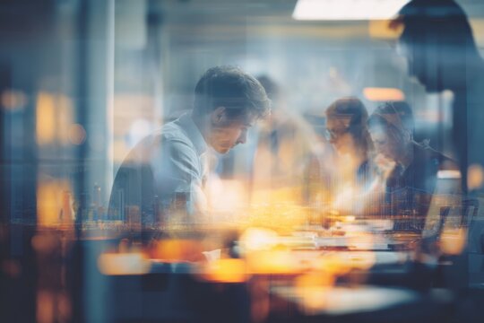 Startup concept of double exposure diagrams showcasing team collaboration and creativity in a modern office environment during evening hours