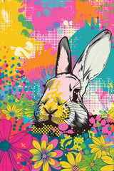 Vertical Pop-Art Illustration of Cheerful Rabbit Peeking from Hole in Vibrant Flower Meadow, Bold Comic Style with Neon Colors