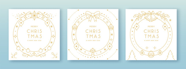 Set of modern Christmas frames or holiday greeting cards on white background. Line art vector illustration
