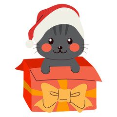 Cartoon vector illustration of a cute cat on top of a gift box wearing a Santa hat isolated on white background. Clip art for Christmas cards, pet designs, winter marketing children sticker books