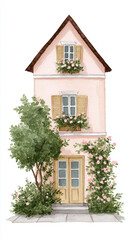 Obraz premium Charming Watercolor House with Beautiful Garden and Floral Accents, Perfectly Designed for a Cozy and Inviting Atmosphere in Any Architectural Collection.