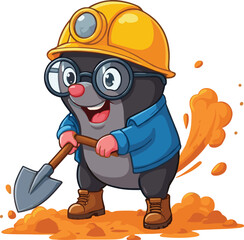 Cute cartoon mole construction worker character, wearing hard hat and glasses, digging with shovel, playful underground mascot illustration for kids and branding