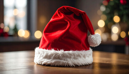Red Santa hat with white fur trim and pompom on wooden table with blurred Christmas lights background
