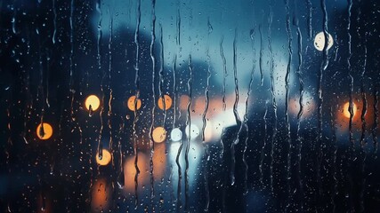 Raindrops on a window with blurred city lights at night - Powered by Adobe