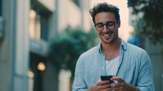 Young Smiling Man Wearing Glasses Using Smartphone Outdoors in City Environment