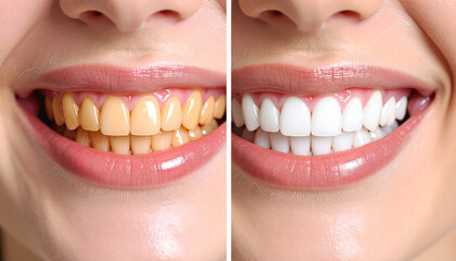 Split-screen close-up of mouth showing yellowed teeth on left and whitened teeth on right.