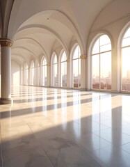 Obraz premium Long, sunlit corridor with arched windows, light shining on polished floor, cityscape visible