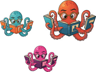 Cute cartoon octopus reading books, intelligent sea creature character set with glasses, educational ocean animal illustration for learning, school, and storytelling designs © Arman Creative