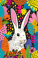 Vertical Pop-Art Illustration of Cheerful Rabbit Peeking from Hole in Vibrant Flower Meadow, Bold Comic Style with Neon Colors